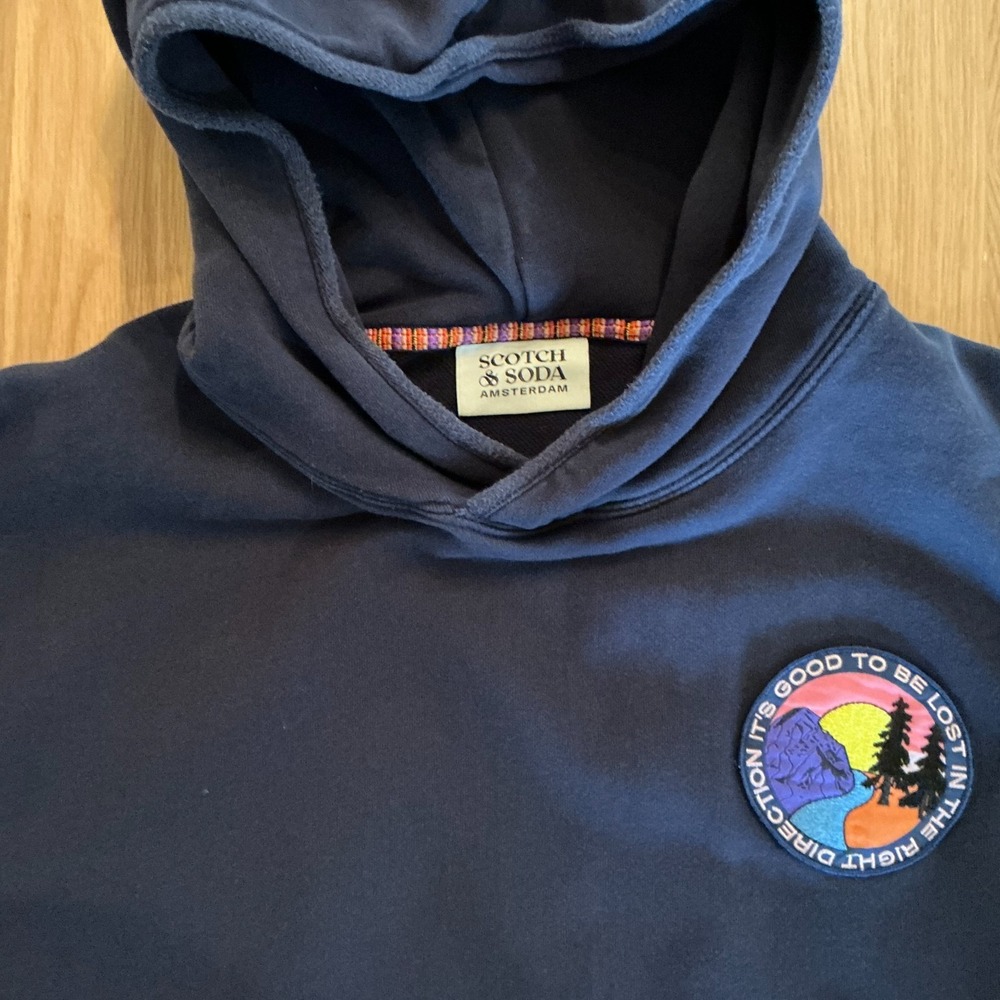 Scotch & Soda Hoodie Mens Large Navy Graphic Patch Pullover Cotton Sweatshirt - Picture 2 of 11